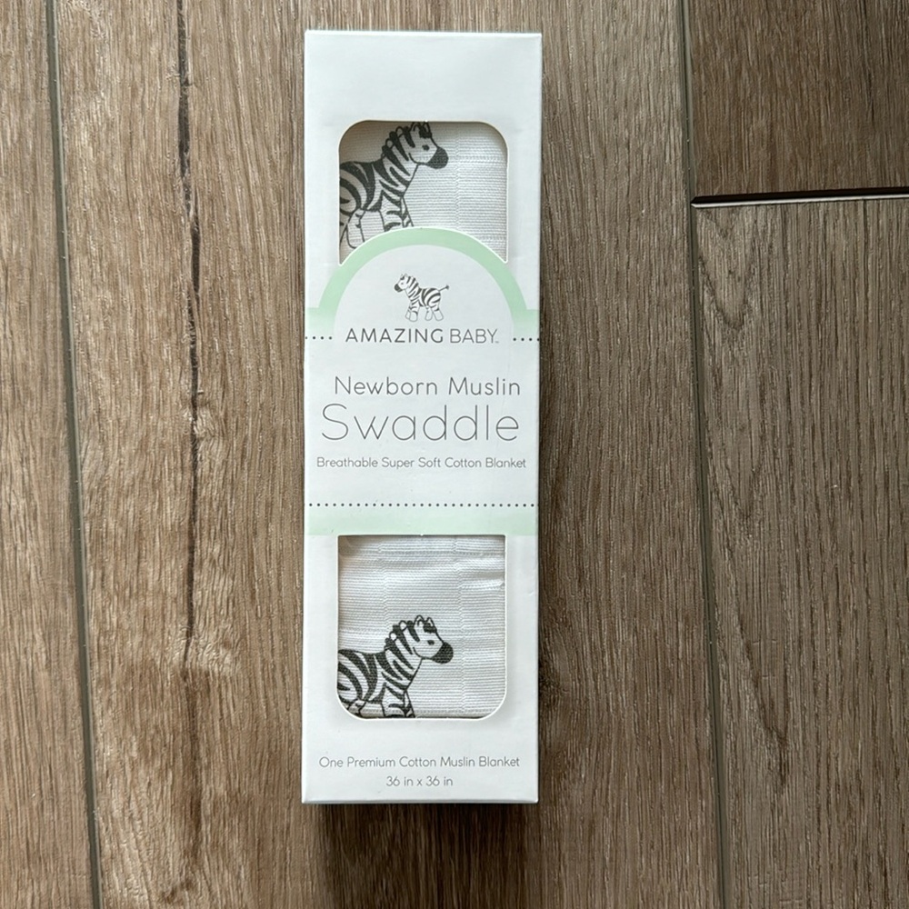 NWT Amazing Baby Newborn Premium Cotton Muslin Swaddle - Zebra (36 in x 36 in)
